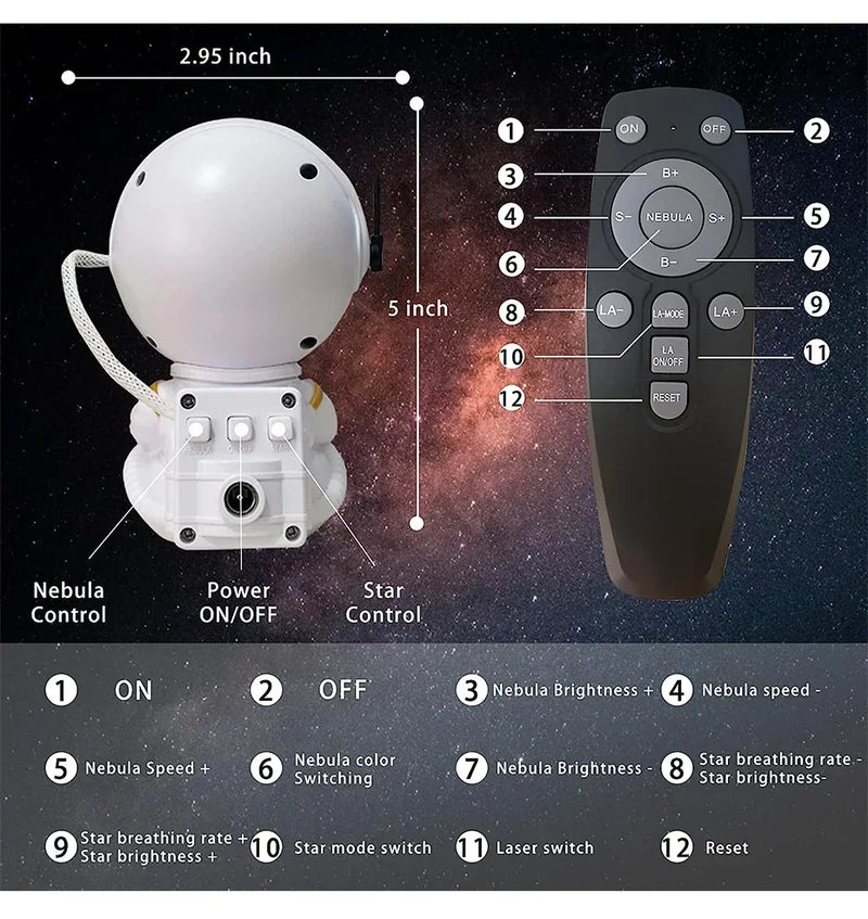 Projetor De Luzes Estrelas Galáxia Astronauta Com Controle Cúpula Branco Estrutura Branco 110V/220V